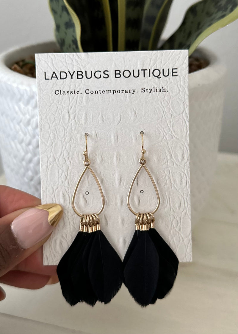 The Phoebe Feather Drop Earrings in Black