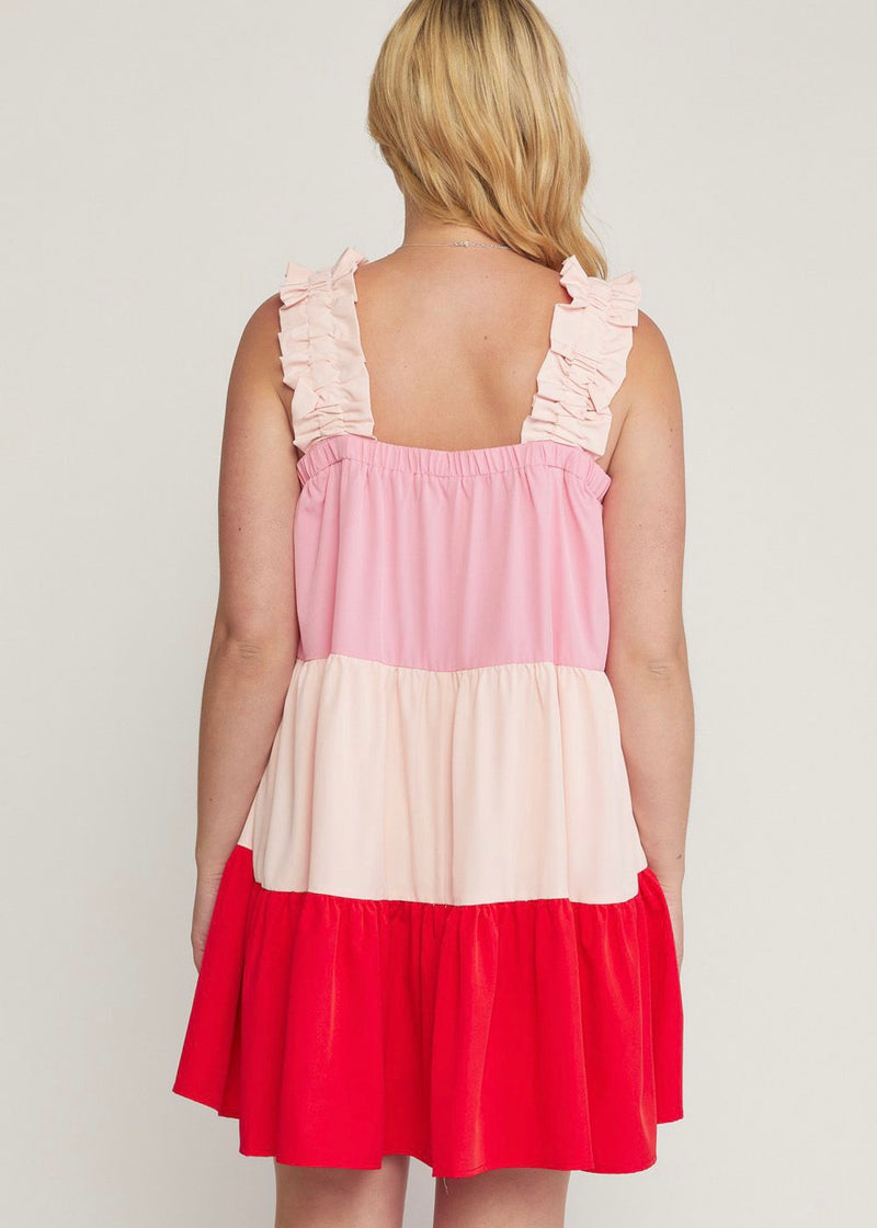 Red + Pink Tiered Mini Dress